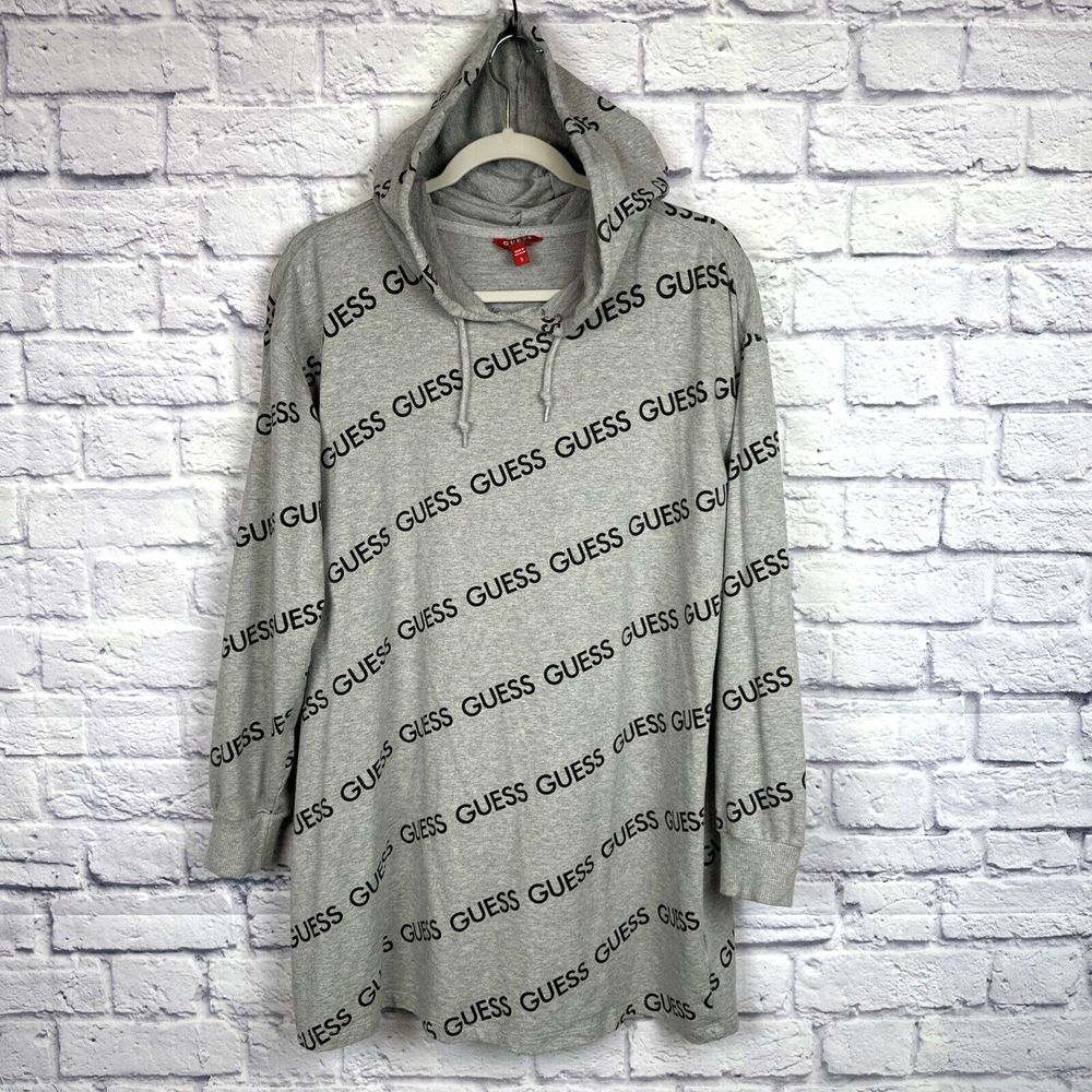 Guess T-Shirt Dress Small Gray Hoodie Long Sleeve Y2K AOP Spellout Oversized